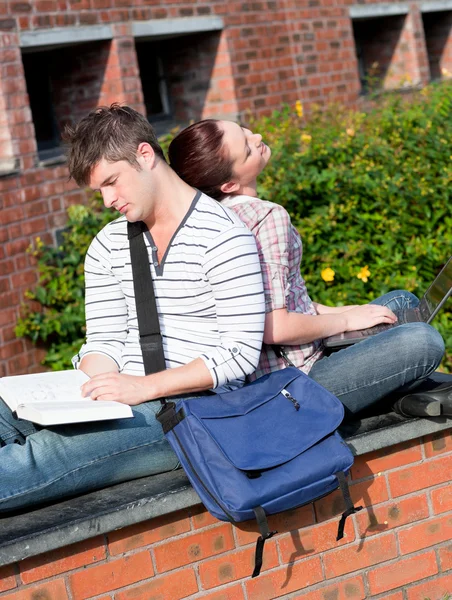 Pareja de jóvenes estudiantes usando un portátil y leyendo un libro sitti —  Fotos de Stock