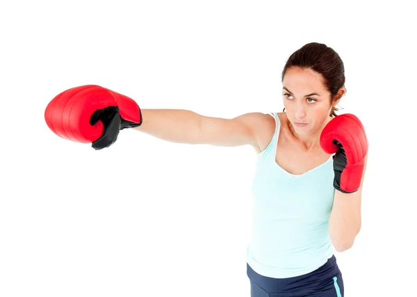 Atlético hispânico mulher com luvas de boxe trabalhando para fora — Fotografia de Stock