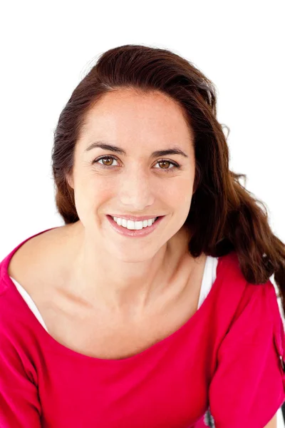 Mujer hispana alegre sonriendo a la cámara —  Fotos de Stock