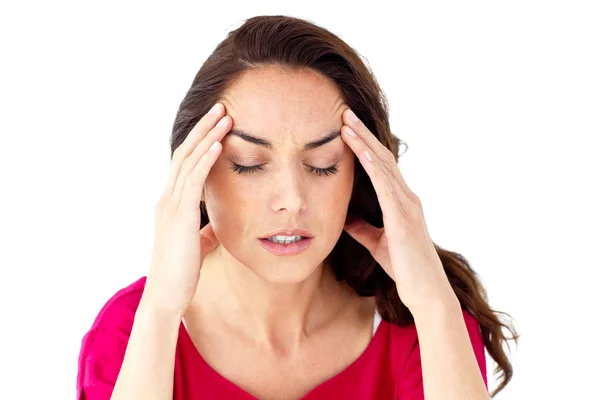 Mulher hispânica deprimida com dor de cabeça — Fotografia de Stock
