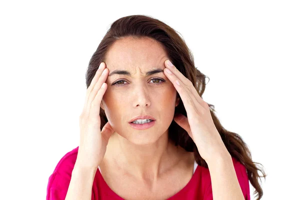 Sjuk spansktalande kvinna med huvudvärk — Stockfoto