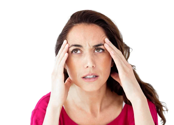 Przygnębiony hiszpanin kobieta o ból głowy — Zdjęcie stockowe