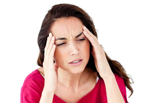 Nedslagna spansktalande kvinna med huvudvärk — Stockfoto