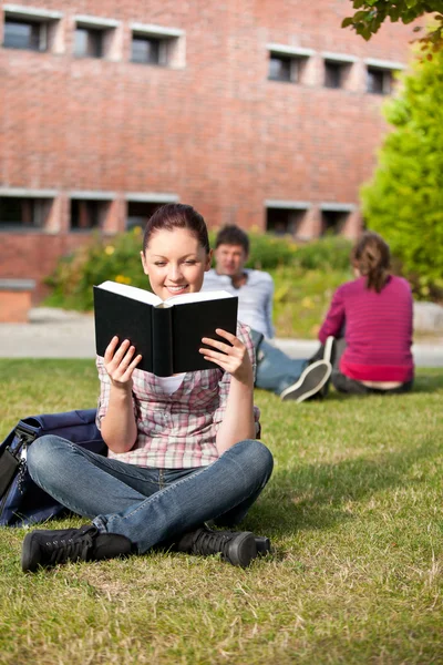 Σοβαρή φοιτήτριας, διαβάζοντας ένα βιβλίο που κάθεται στο γρασίδι — Φωτογραφία Αρχείου