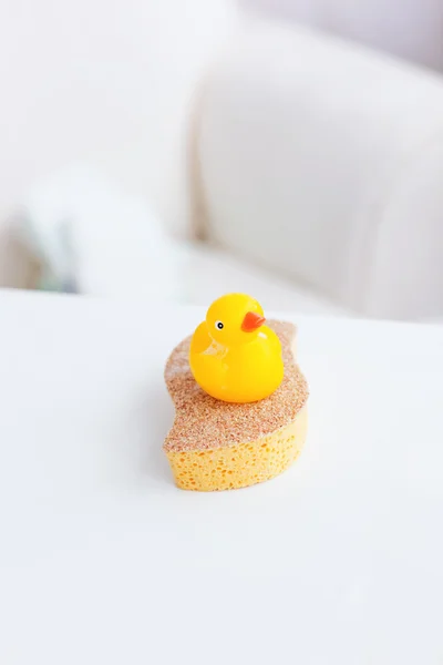 Zbliżenie żółty plastikowe kaczki na gąbkę w salonie — Zdjęcie stockowe