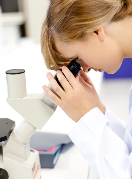 集中使用显微镜观察的女科学家 — 图库照片