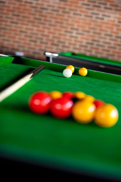 Close-up of a billiard with balls and cue — Stock Photo, Image