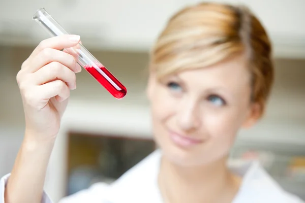 Close-up of a female scientist looking at a test tube — Stock Photo, Image