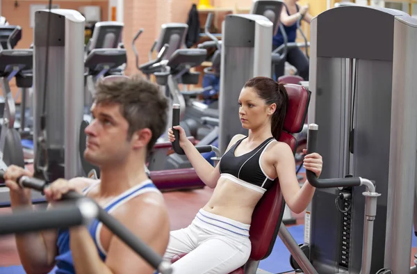 Casal concentrado usando prensa de ombro em um centro de fitness — Fotografia de Stock