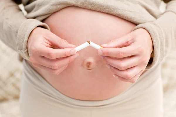 Primer plano de una mujer embarazada atenta rompiendo un cigarrillo — Foto de Stock
