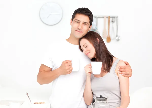Lovely couple drinking coffee during breakfast — Stock Photo, Image