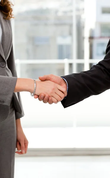 Close up de um homem de negócios e mulher de negócios apertando as mãos — Fotografia de Stock