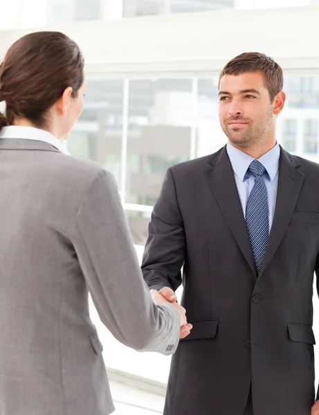 Businessman shaking hands with a businsswoman — Stock Photo, Image