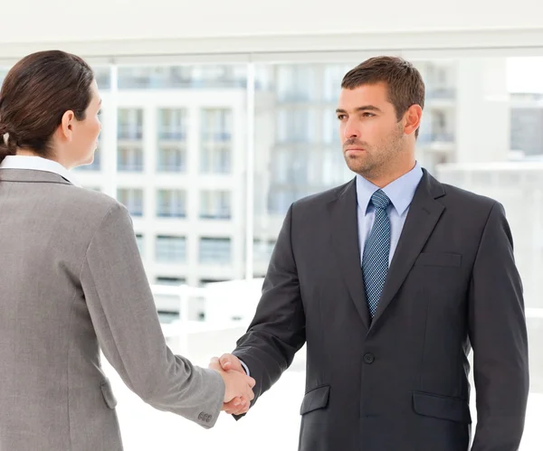 Two charismatic businesspeople shaking their hands — Stock Photo, Image