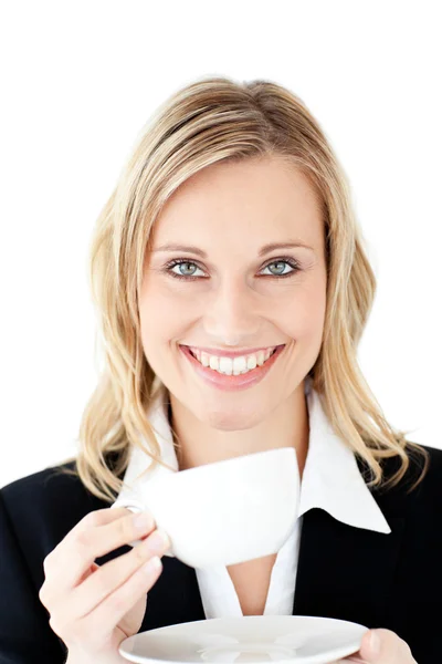 Merry zakenvrouw houden een kopje koffie Stockafbeelding