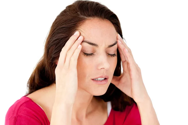 頭痛を持つ美しいヒスパニック系女性 ストック画像