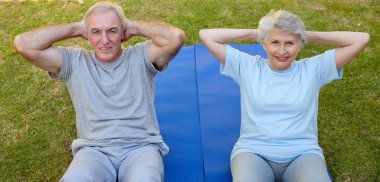 Retired couple doing their streches in the garden clipart