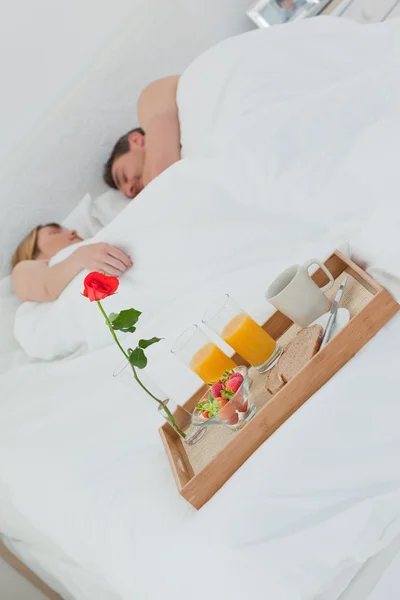 Amantes dormindo depois de tomar café da manhã — Fotografia de Stock