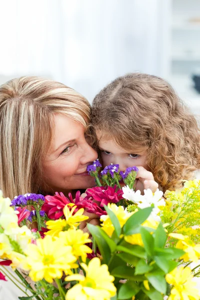Dziewczynka, pachnące kwiaty, a jej babcia jest kameralny — Zdjęcie stockowe