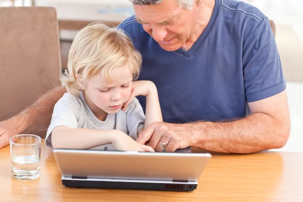 Lovely boy and his grandfather looking at their laptop — Stock Photo, Image
