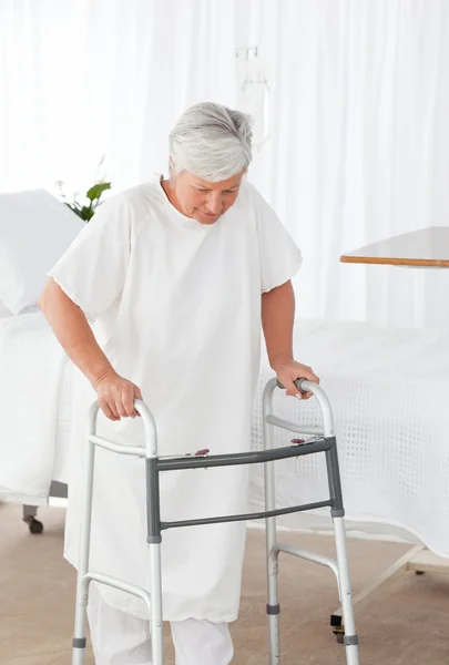 Donna anziana con il suo telaio zimmer — Foto Stock