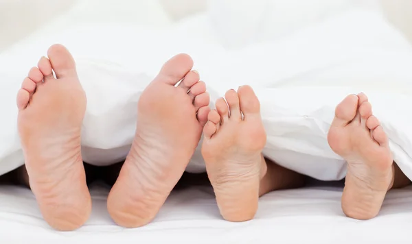 Die Füße der Familie im Bett — Stockfoto