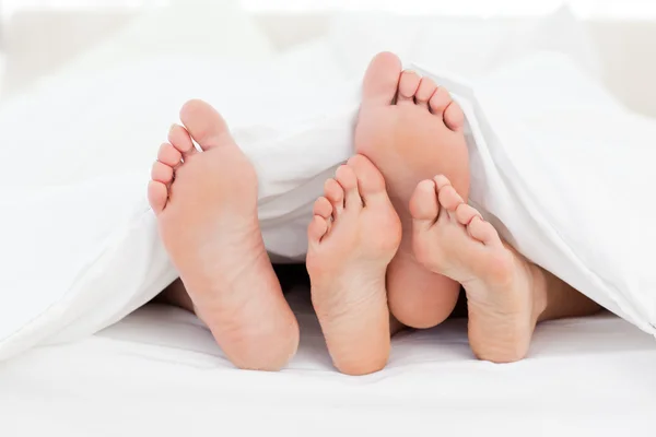 Семейные ноги в постели — стоковое фото