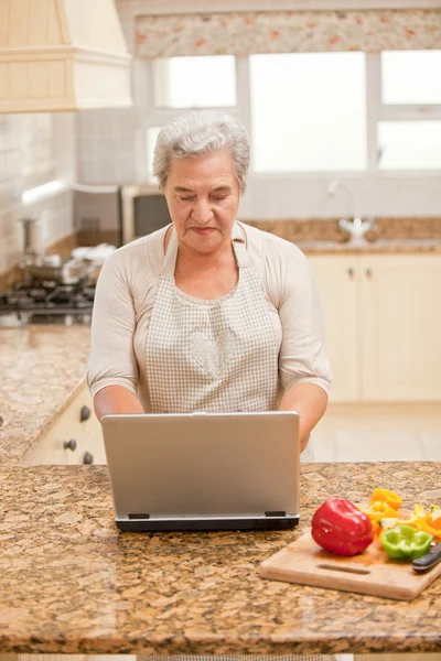 Starszy kobieta pracuje na jej laptopie — Zdjęcie stockowe