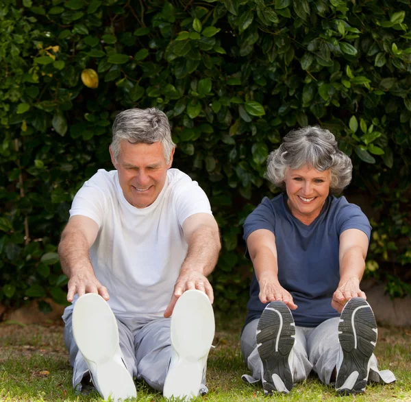 Casal aposentado fazendo seus exercícios — Fotografia de Stock