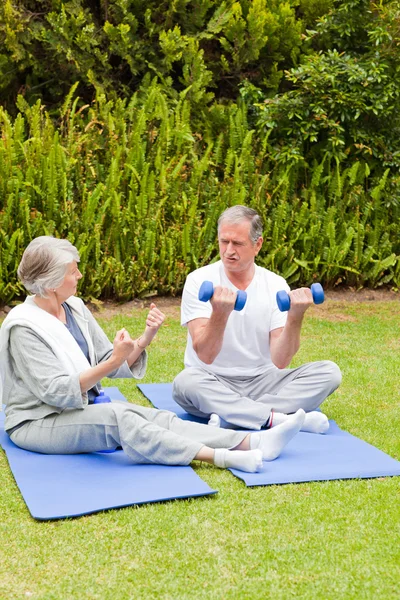 Ältere Paare machen ihre Übungen im Garten — Stockfoto