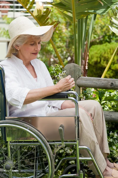 Mogen kvinna i sin rullstol i trädgården — Stockfoto
