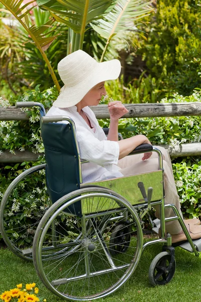 Volwassen vrouw in haar rolstoel in de tuin — Stockfoto