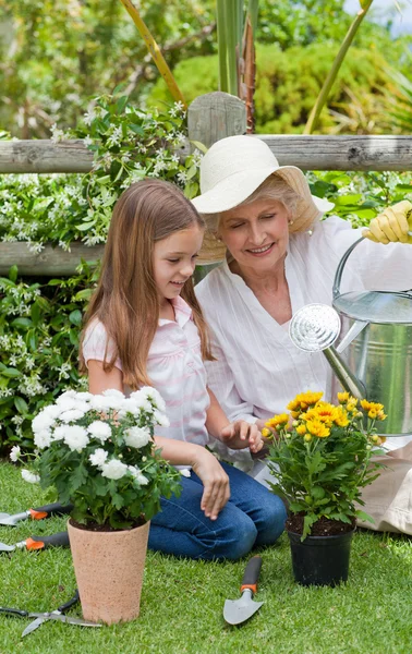 Babička se svou vnučkou pracují na zahradě — Stock fotografie