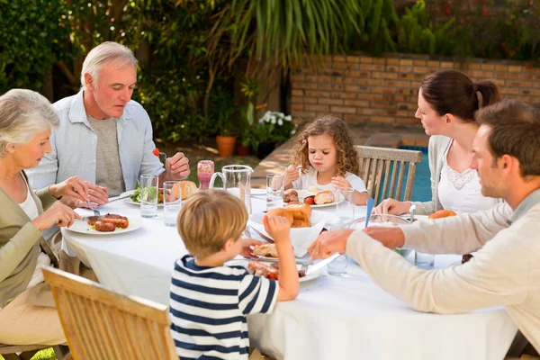 Чарівна сім'я їсть в саду — стокове фото