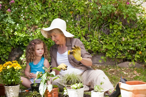 Ευτυχισμένη γιαγιά με την εγγονή που εργάζονται στον κήπο — Φωτογραφία Αρχείου