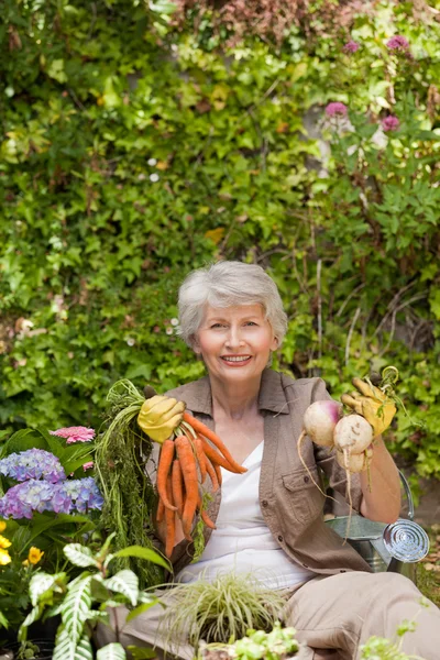 Pensionerad kvinna som arbetar i trädgården — Stockfoto