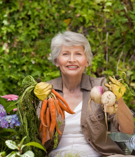 Rentnerin arbeitet im Garten — Stockfoto