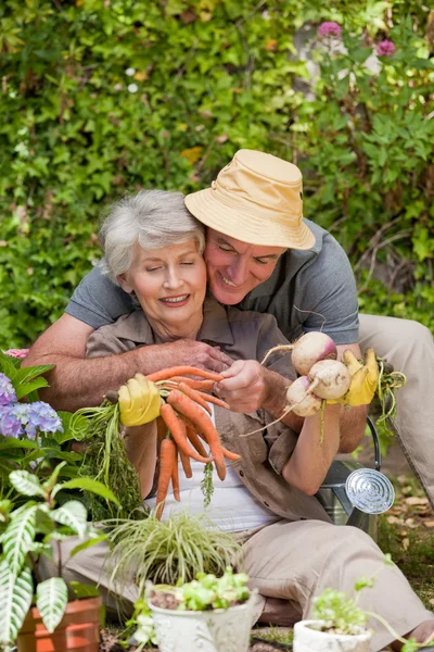 Hombre abrazando a su mujer en el jardín — Foto de Stock