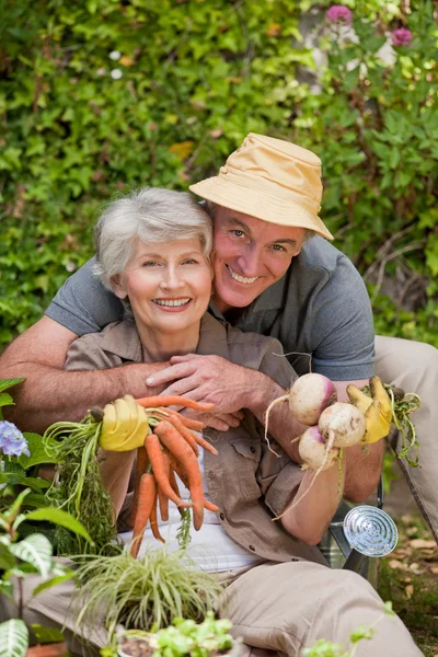 Mann umarmt seine Frau im Garten — Stockfoto