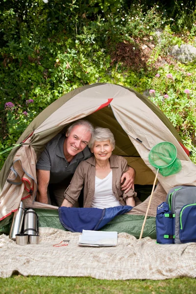Lyckliga paret camping i trädgården — Stockfoto
