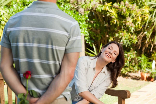 Мужчина, предлагающий своей жене розу — стоковое фото