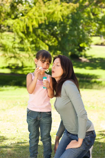 Дівчина дме бульбашки з матір'ю в парку — стокове фото