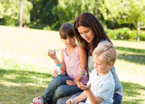 Rodina vyfukuje bubliny v parku — Stock fotografie