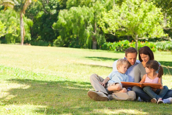 Rodina při pohledu na jejich fotografie album v parku — Stockfoto