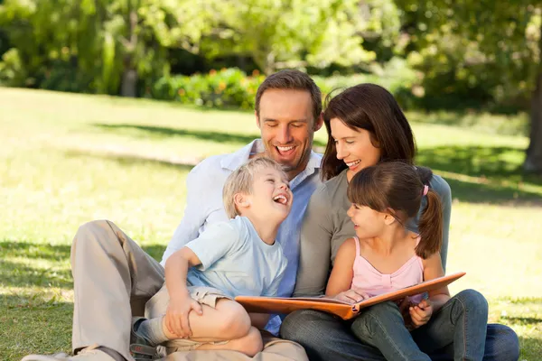 Семья смотрит в фотоальбом в парке — стоковое фото