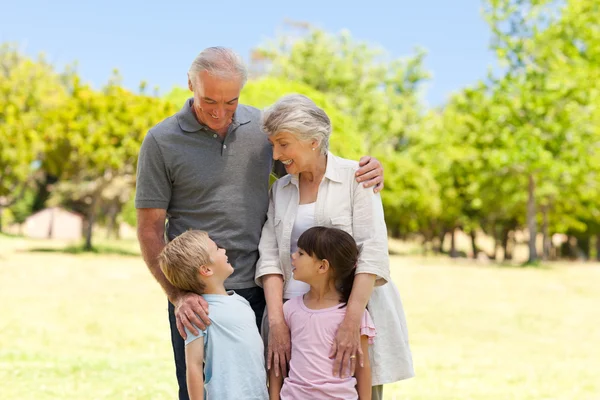 Nagyszülők és unokák közös nyelvtanulása a parkban — Stock Fotó