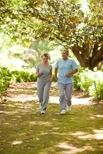 Couple running in the wood — Stock Photo, Image