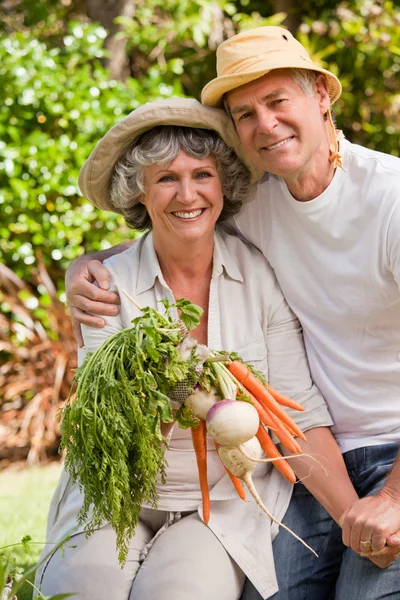 Senior couple looking at the camera in the garden Stock Photo