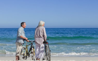 Senior couple with their bikes on the beach clipart