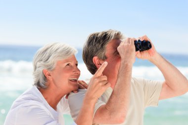 Senior couple bird watching at the beach clipart